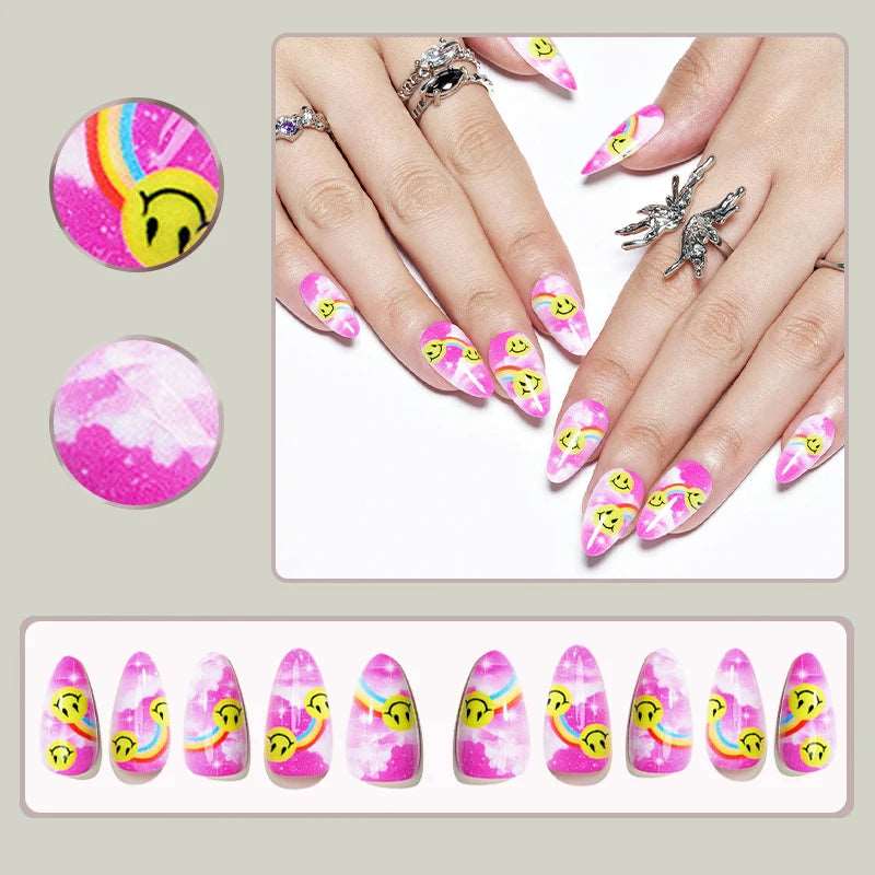 24Pcs Short Squoval False Nails Glossy Smiling Face Fake Nails Manicure Full Cover Detachable Nail Tips Press on Nails