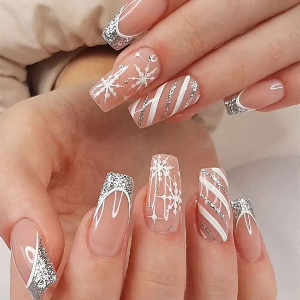 24Pcs French Silver Glitter Design False Nail French Stiletto Full Cover Press on Square Fake Nails DIY Manicure Nail Art Tools