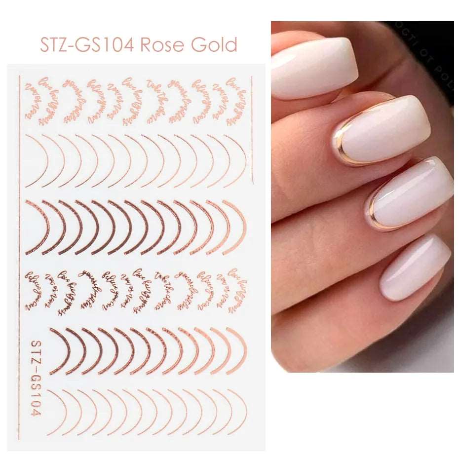 3D Simple Lines Nail Stickers Rose Gold Metal Stripe Letters Decals Curve Gel Nails Art Sliders Polish Manicure Decor BESTZGS014