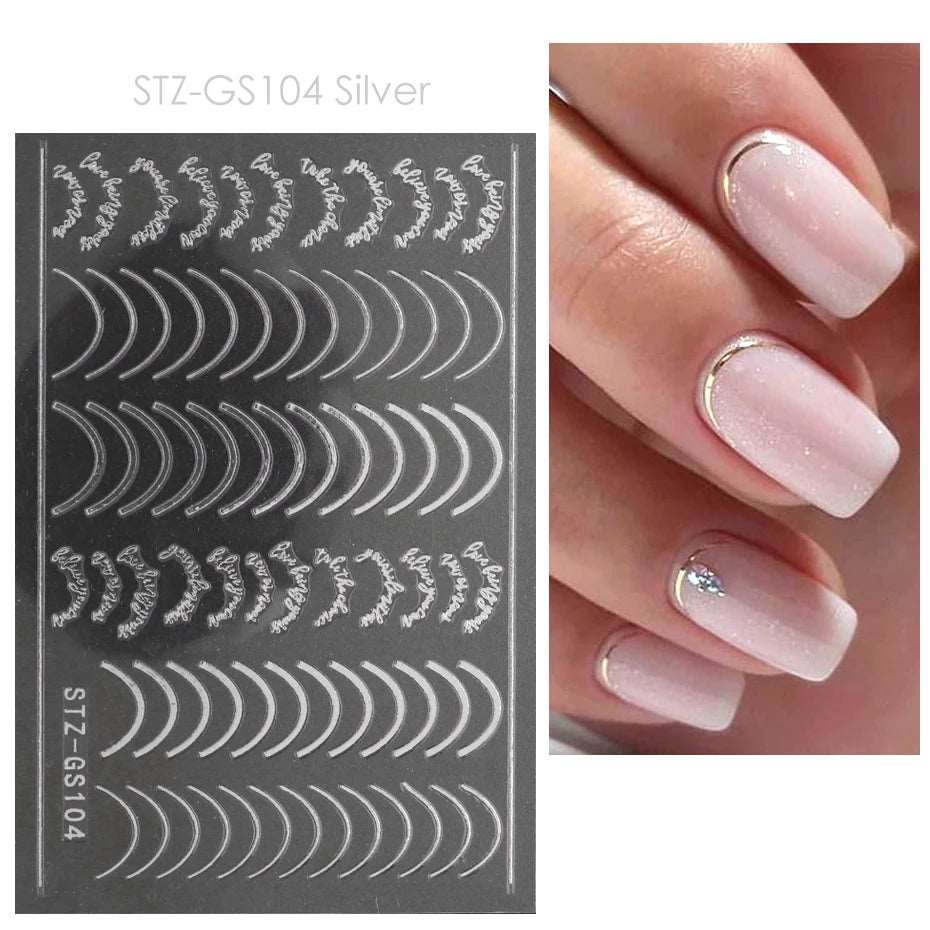 3D Simple Lines Nail Stickers Rose Gold Metal Stripe Letters Decals Curve Gel Nails Art Sliders Polish Manicure Decor BESTZGS014